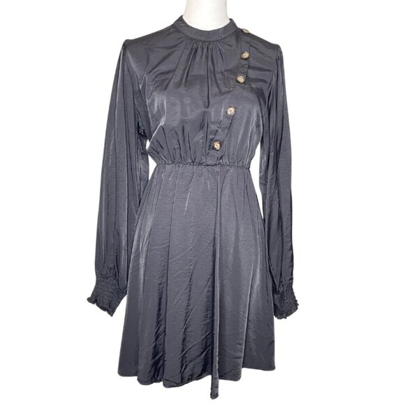 SHEIN Black Shiny High Neck Button Pleated Balloon Ruched Sleeve Dress Zip XL - Picture 1 of 9